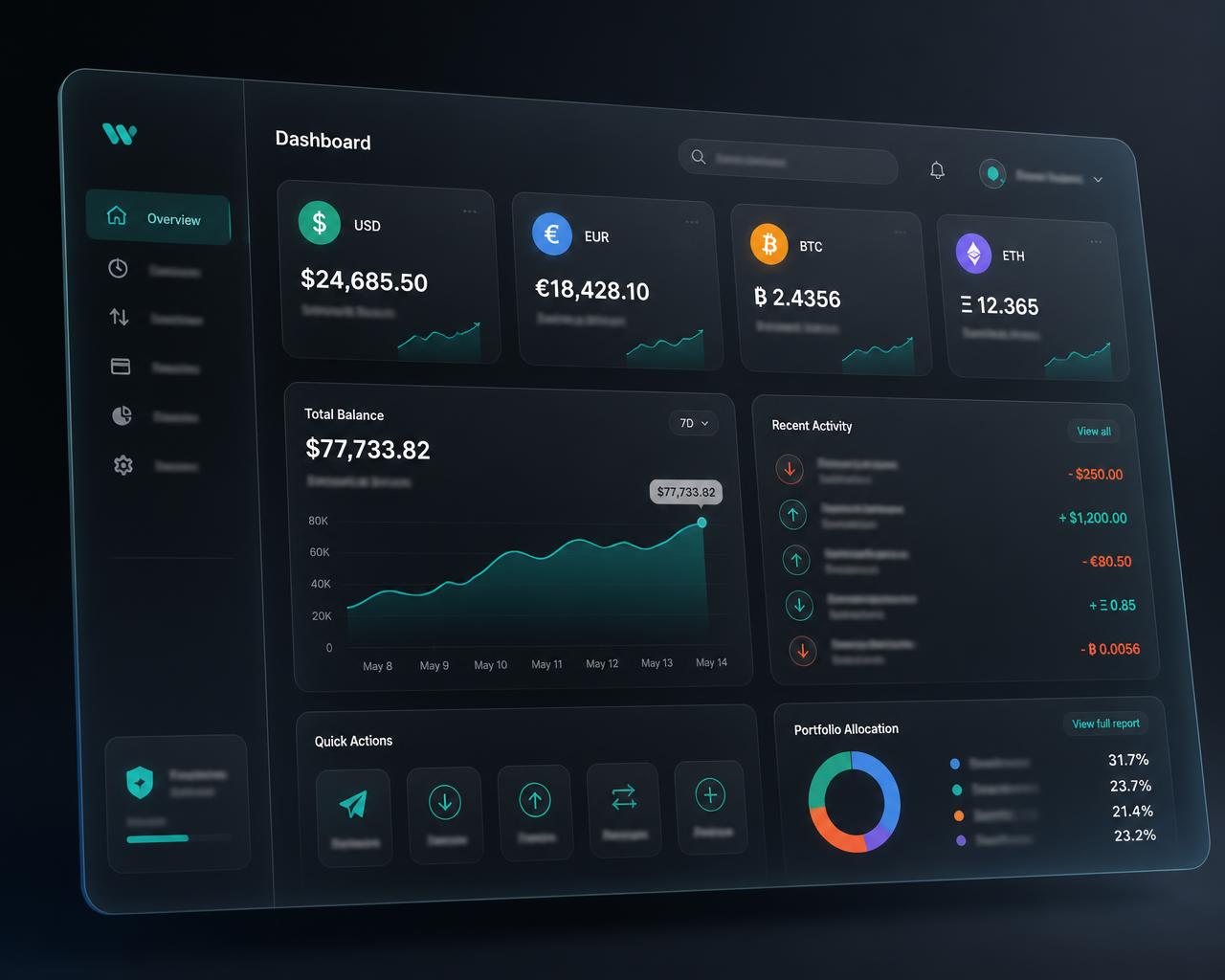 Multi-currency Wise wallet dashboard with balances and settlement activity